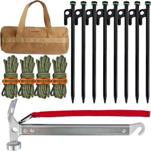 Heavy Duty Tent Stakes Set - 8 Steel Pegs(10inch), Hammer, 13ft Reflective Ropes, Adjusters, and Storage Bag for Camping, Hiking, Backpacking