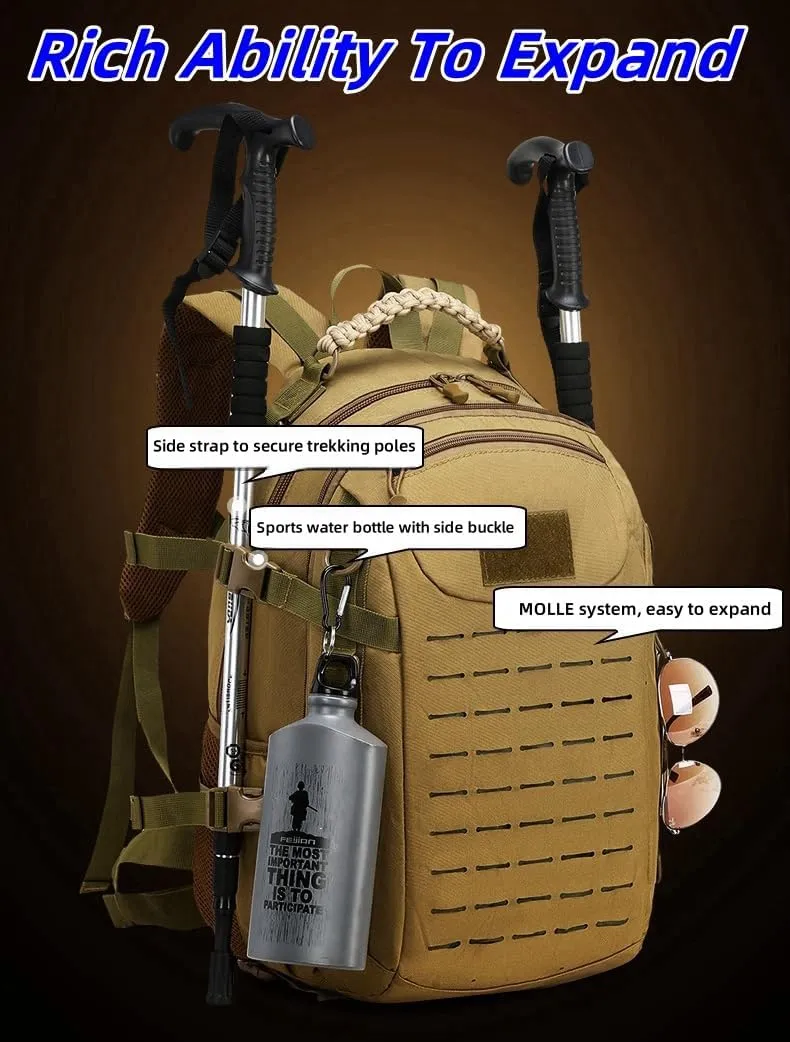 Heavy duty zipper military backpack Outdoor Tactical Backpack，Nylon canvas Knapsack，hiking camping travel Backpack， 3-day backpack，water resistantt (01#khaki)