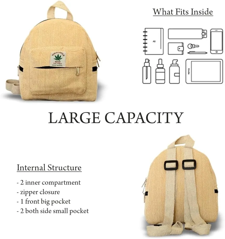 Hemp Mini Backpack for women Adjustable shoulder strap Mini Bag Washable Lightweight Casual Daypack (Beige)