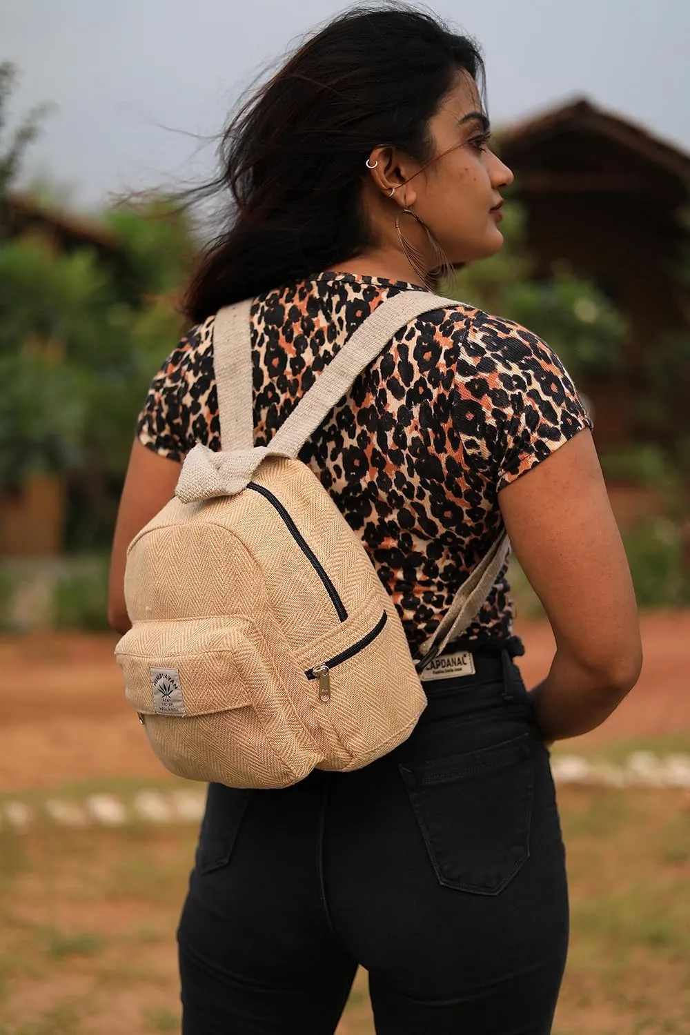 Hemp Mini Backpack for women Adjustable shoulder strap Mini Bag Washable Lightweight Casual Daypack (Beige)