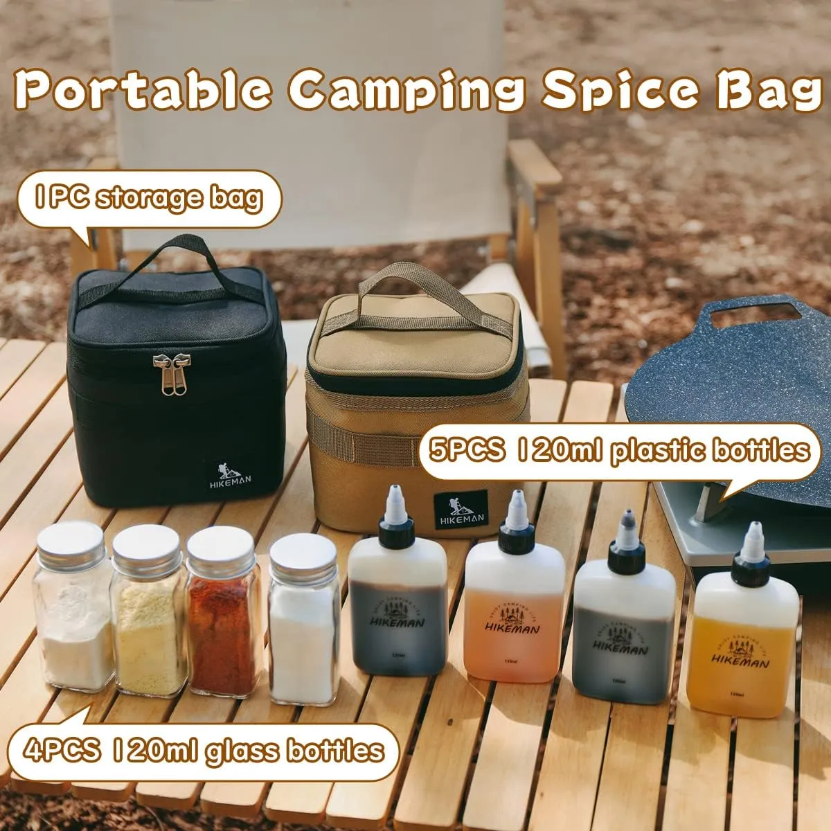 HIKEMAN Camping Portable Spice Set with 9 Containers - Pepper & Salt Shakers, Separable Storage Bag for Outdoor Travel, Camping, BBQ, Picnic