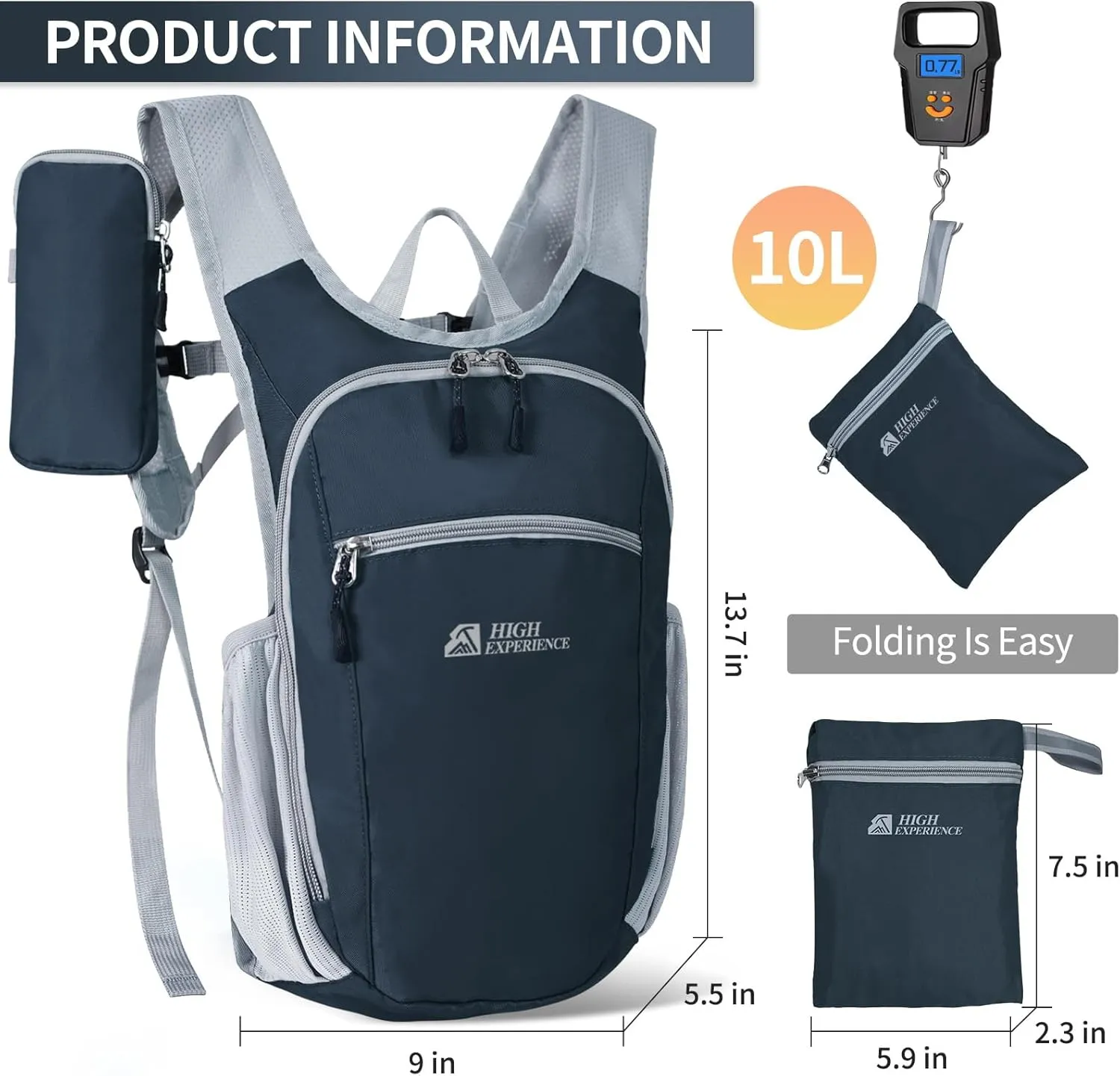 Hiking Backpack 10L/15L Small Daypack Lightweight Packable Travel Foldable Water Resistan for Women Men (Gray, 10L)