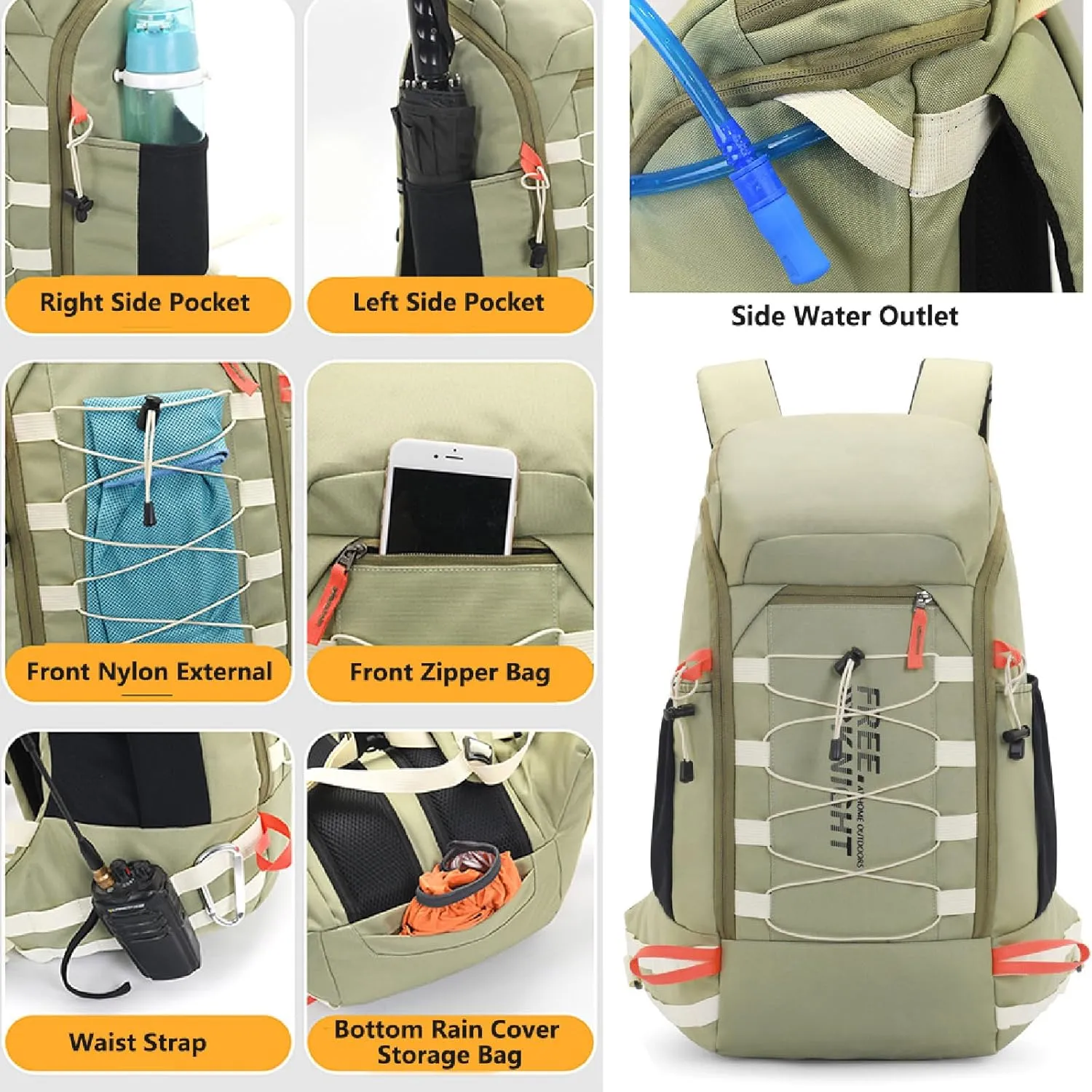Hiking Backpack Waterproof Lightweight Casual Daypack with Rain Cover, Outdoor Sport Travel Camping Bag,Blue,40L