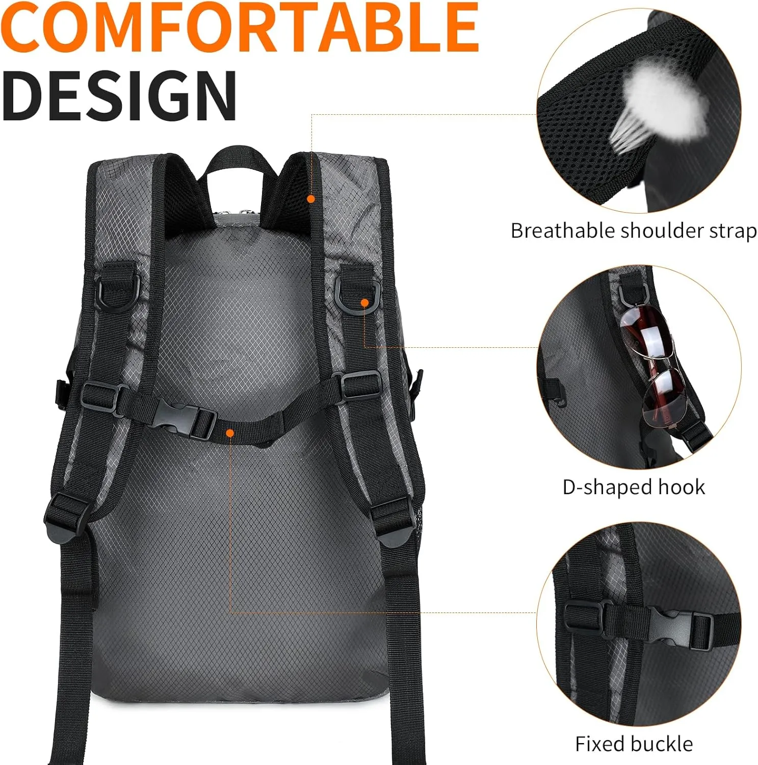 Hiking Daypack,30L Waterproof Hiking Backpack Packable Lightweight Travel Day Pack for Women Men (Grey, Large)