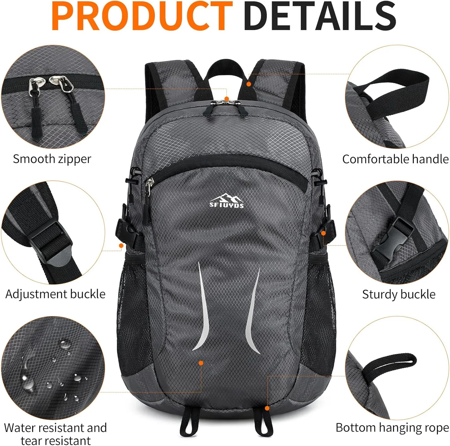 Hiking Daypack,30L Waterproof Hiking Backpack Packable Lightweight Travel Day Pack for Women Men (Grey, Large)