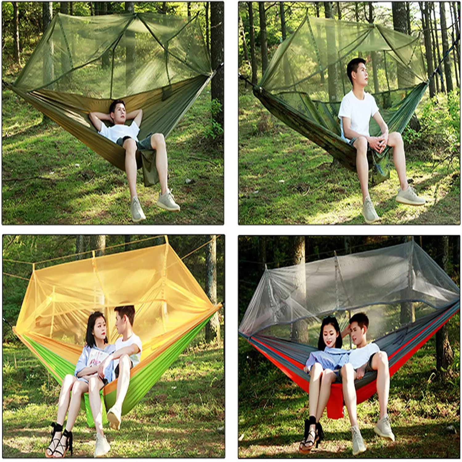 HUHJYUGE Camping Hammock, Portable Outdoor Hammock with Mosquito Net, Lightweight Double/Single Travel Hammock Parachute Fabric, for Hiking, Backpacking, Jungle, Backyard (L)