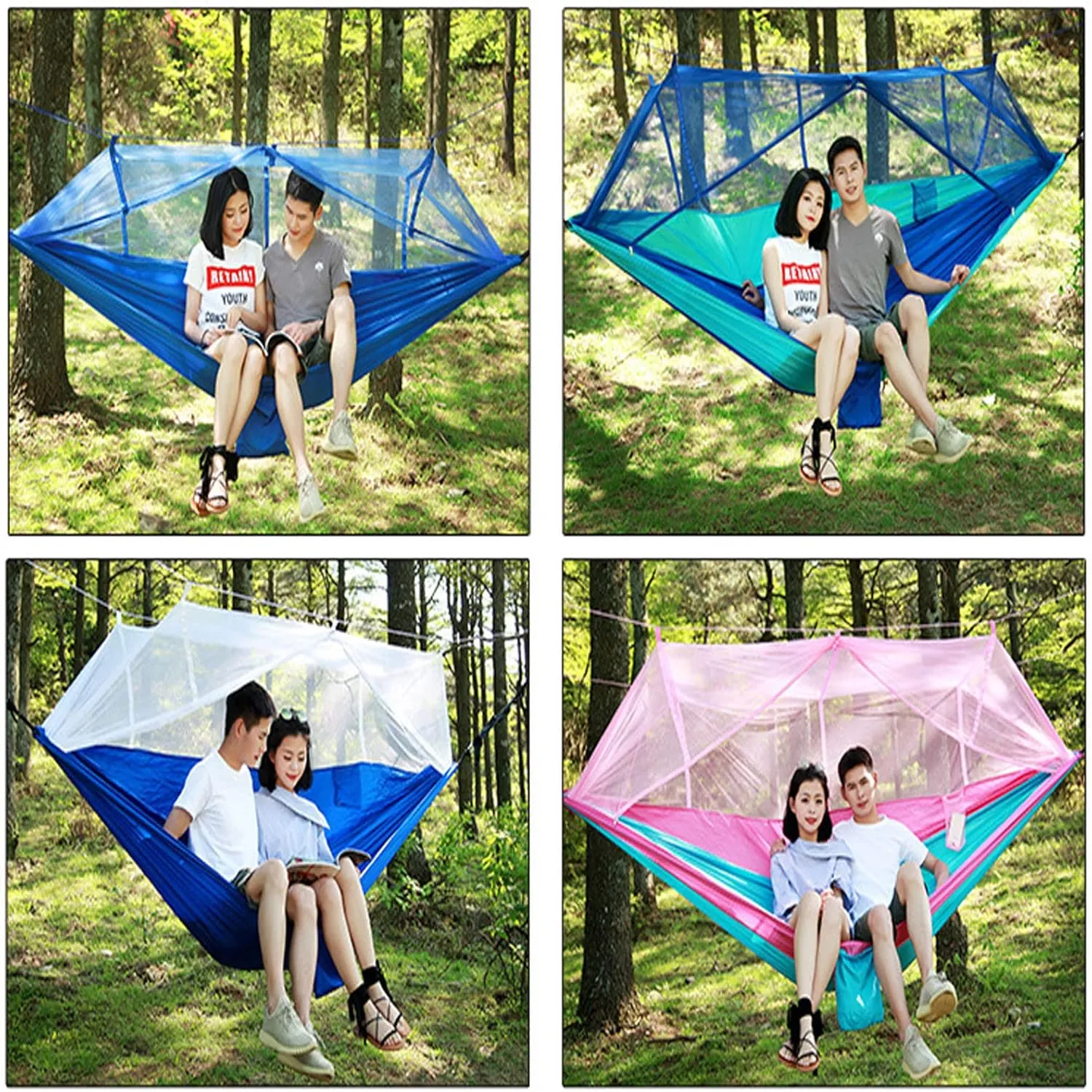 HUHJYUGE Camping Hammock, Portable Outdoor Hammock with Mosquito Net, Lightweight Double/Single Travel Hammock Parachute Fabric, for Hiking, Backpacking, Jungle, Backyard (L)