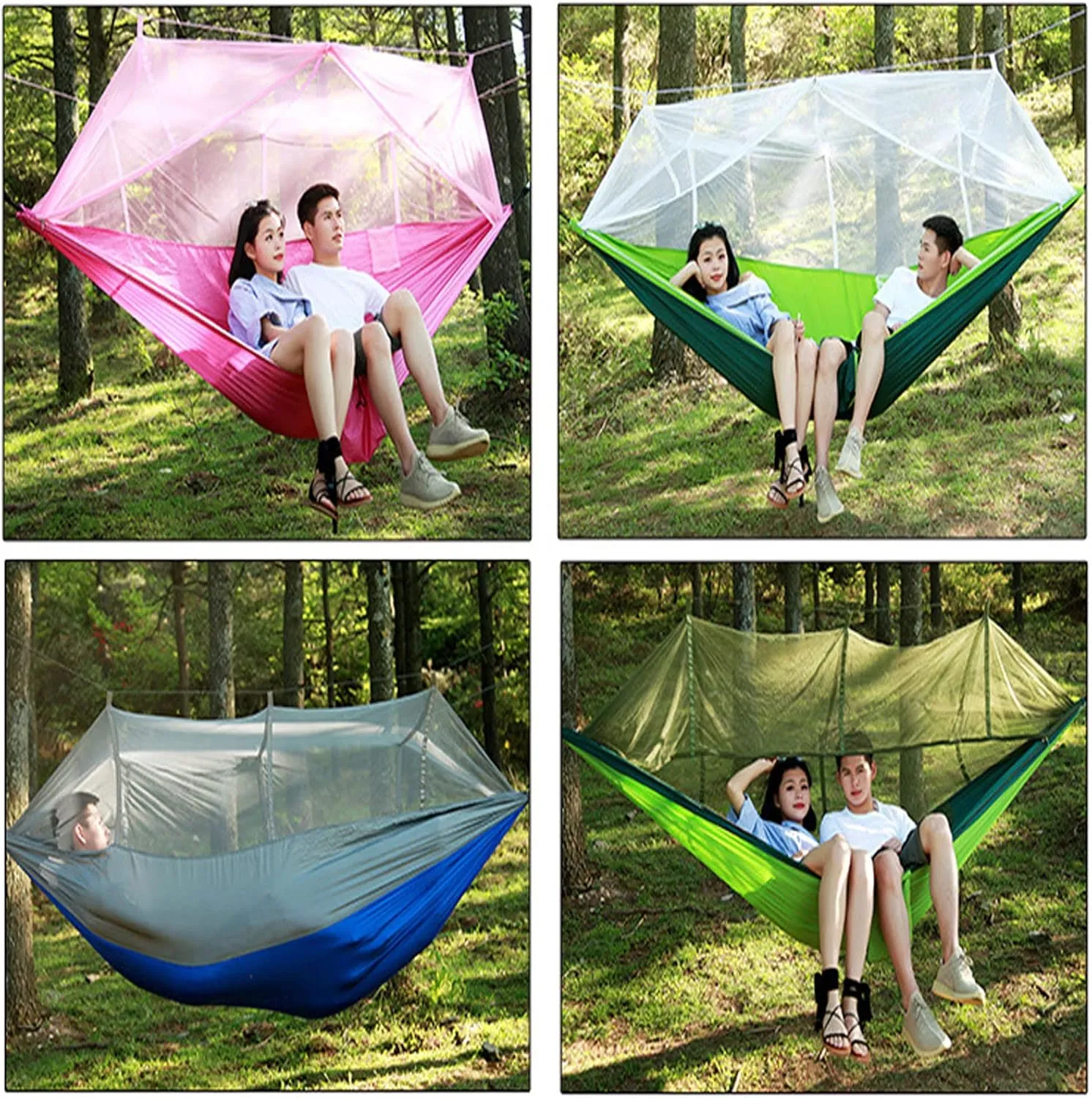HUHJYUGE Camping Hammock, Portable Outdoor Hammock with Mosquito Net, Lightweight Double/Single Travel Hammock Parachute Fabric, for Hiking, Backpacking, Jungle, Backyard (L)