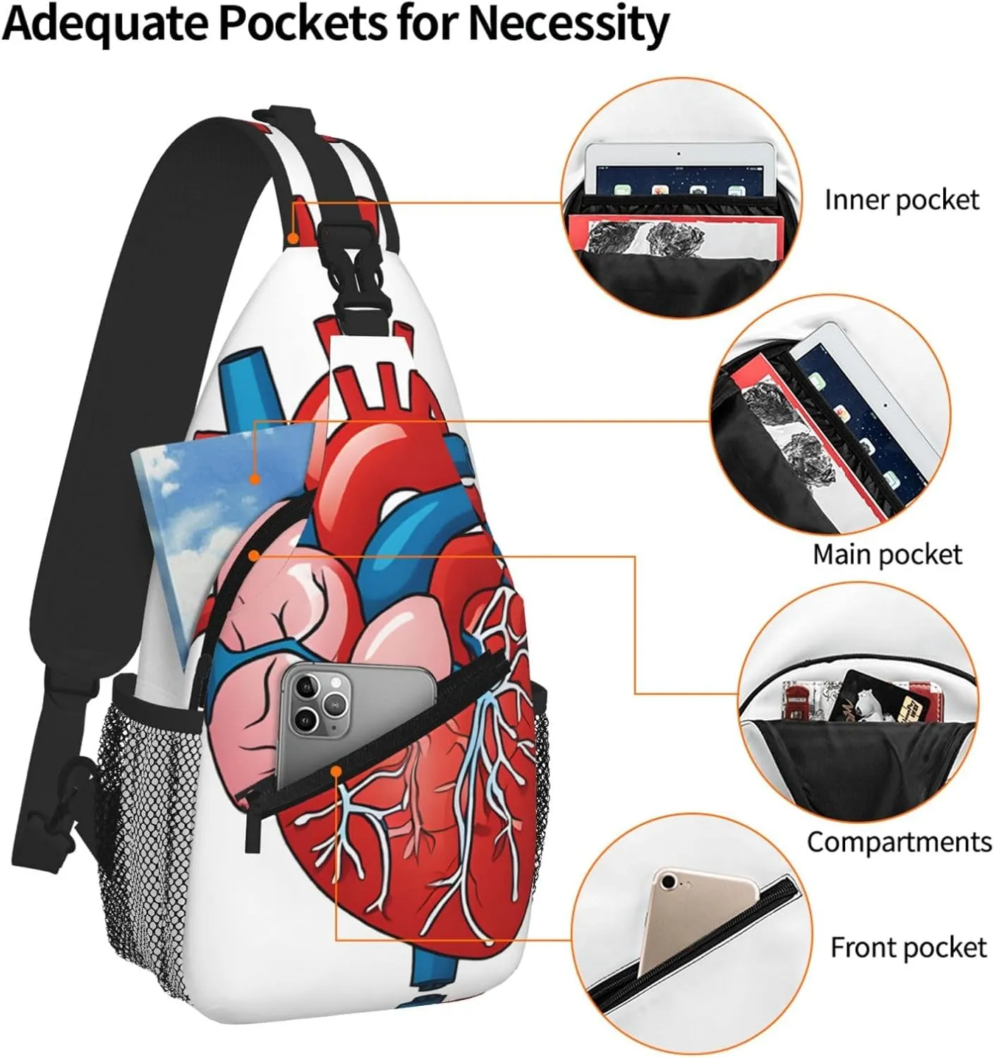 Human Anatomy Heart Chart Print Cross Chest Bag Diagonally - High-Capacity For Short Trips, Work, And Daily Use