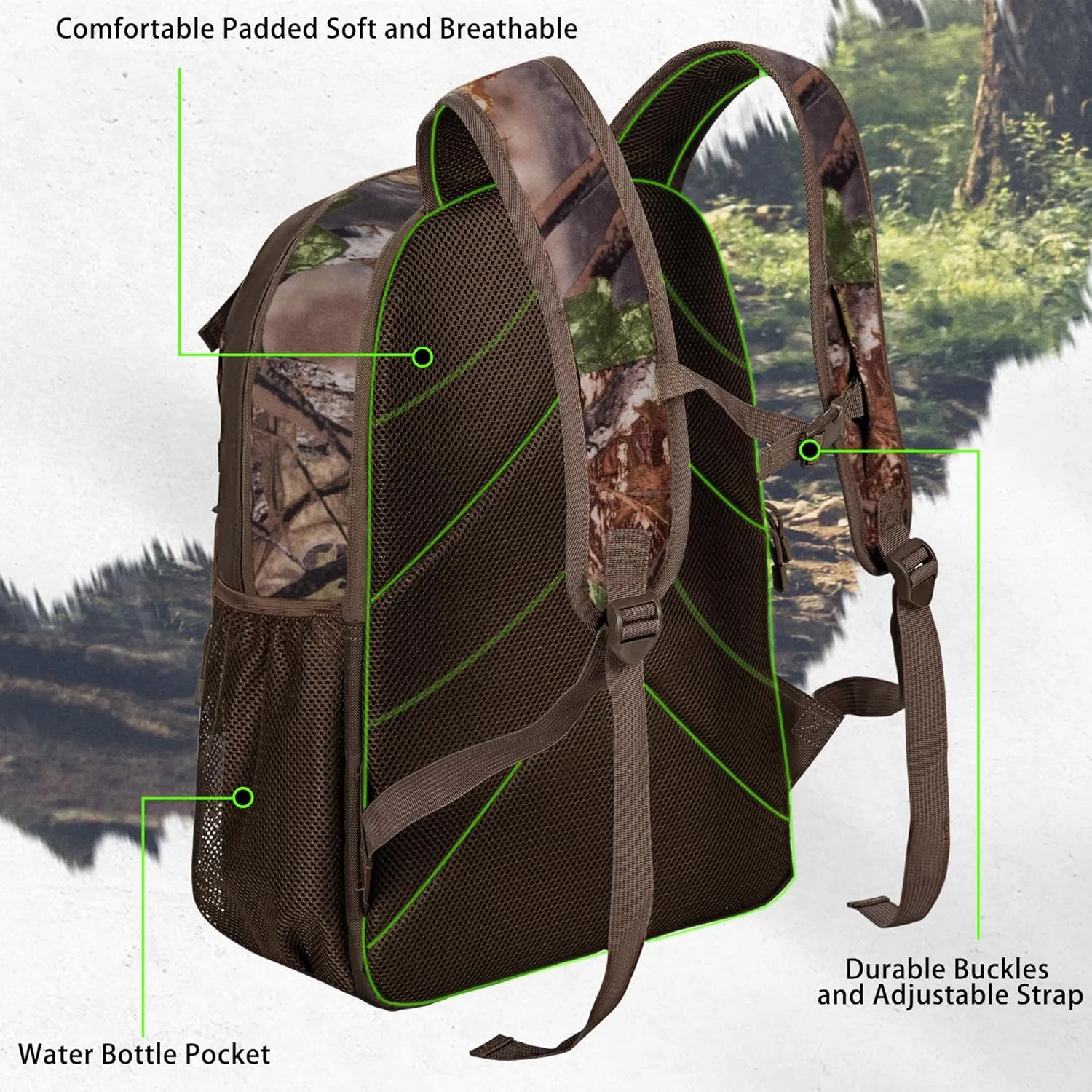 Hunting Backpack, Camo Outdoor Hunting Pack for Bow or Rifle with Holder, for Hunting, Camping, Hiking