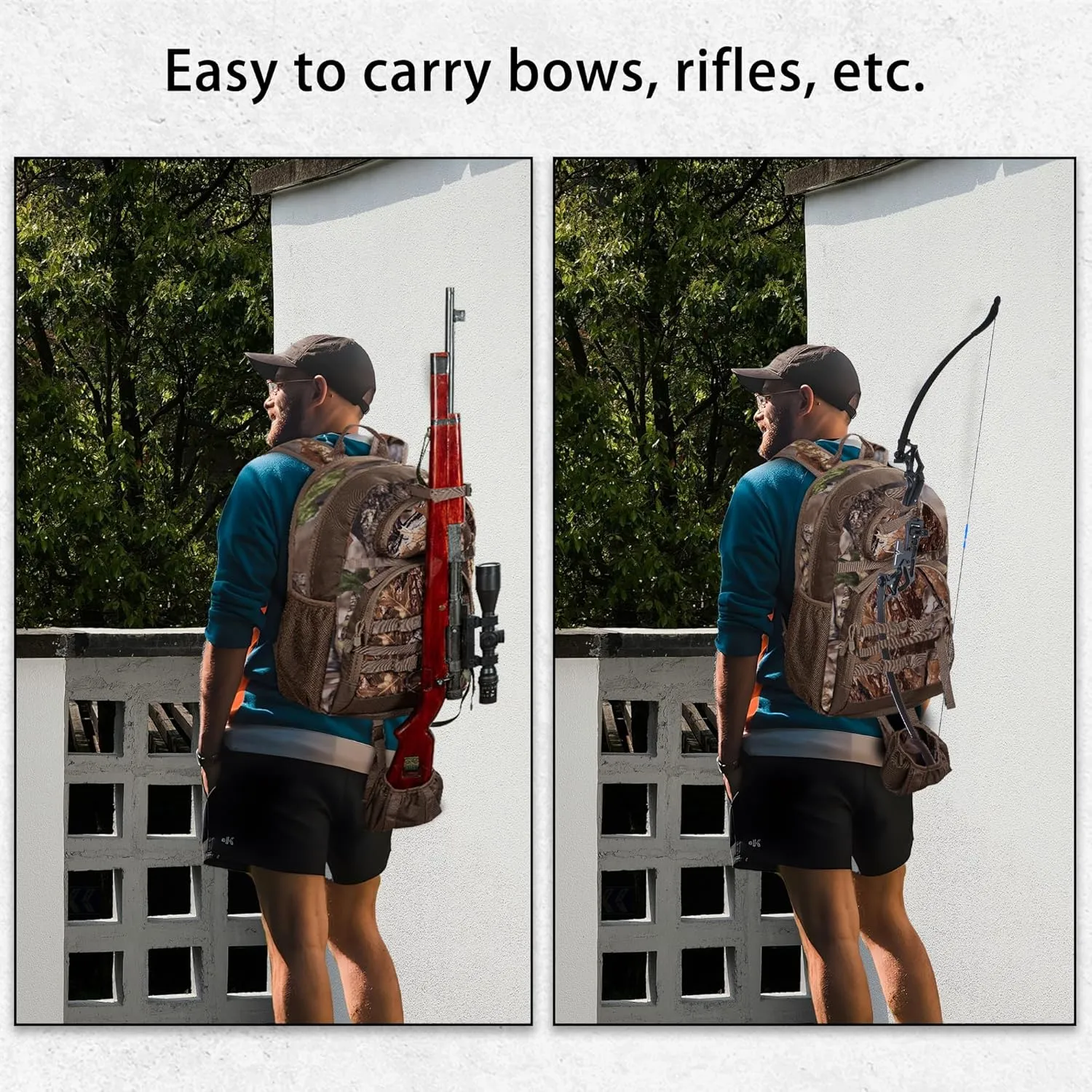 Hunting Backpack, Camo Outdoor Hunting Pack for Bow or Rifle with Holder, for Hunting, Camping, Hiking