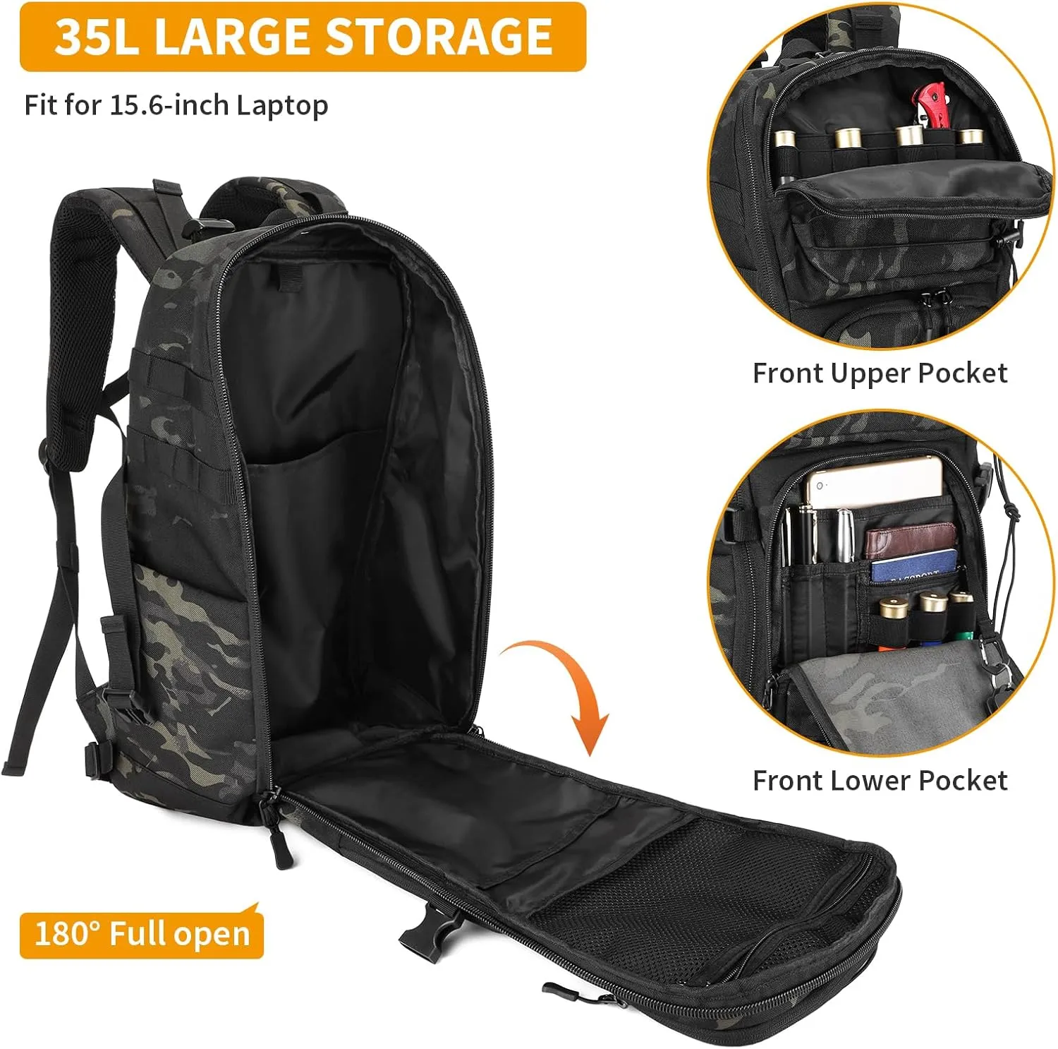 HUNTVP 35L Tactical Backpack Military MOLLE Bag Army Tactical Laptop Backpack 3 Day Pack 1000D Military Gear Camping Hiking Outdoor Rucksack with 15.6 inch Laptop Quick Access, Camo