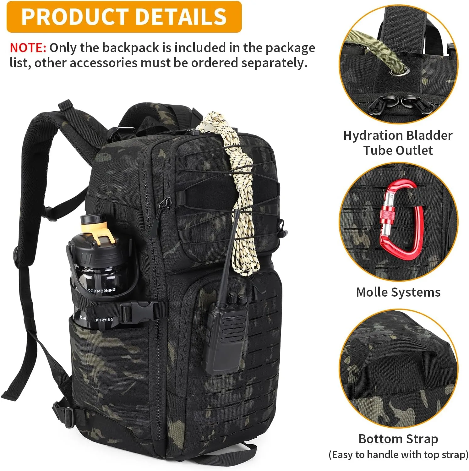 HUNTVP 35L Tactical Backpack Military MOLLE Bag Army Tactical Laptop Backpack 3 Day Pack 1000D Military Gear Camping Hiking Outdoor Rucksack with 15.6 inch Laptop Quick Access, Camo