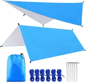HXBER 9.8 * 9.8ft Multifunctional Waterproof Camping Tarp Hammock Sunshade Tent Rain Shelter Lightweight Outdoor Tarpaulin Canopy for Camping Beach Picnic