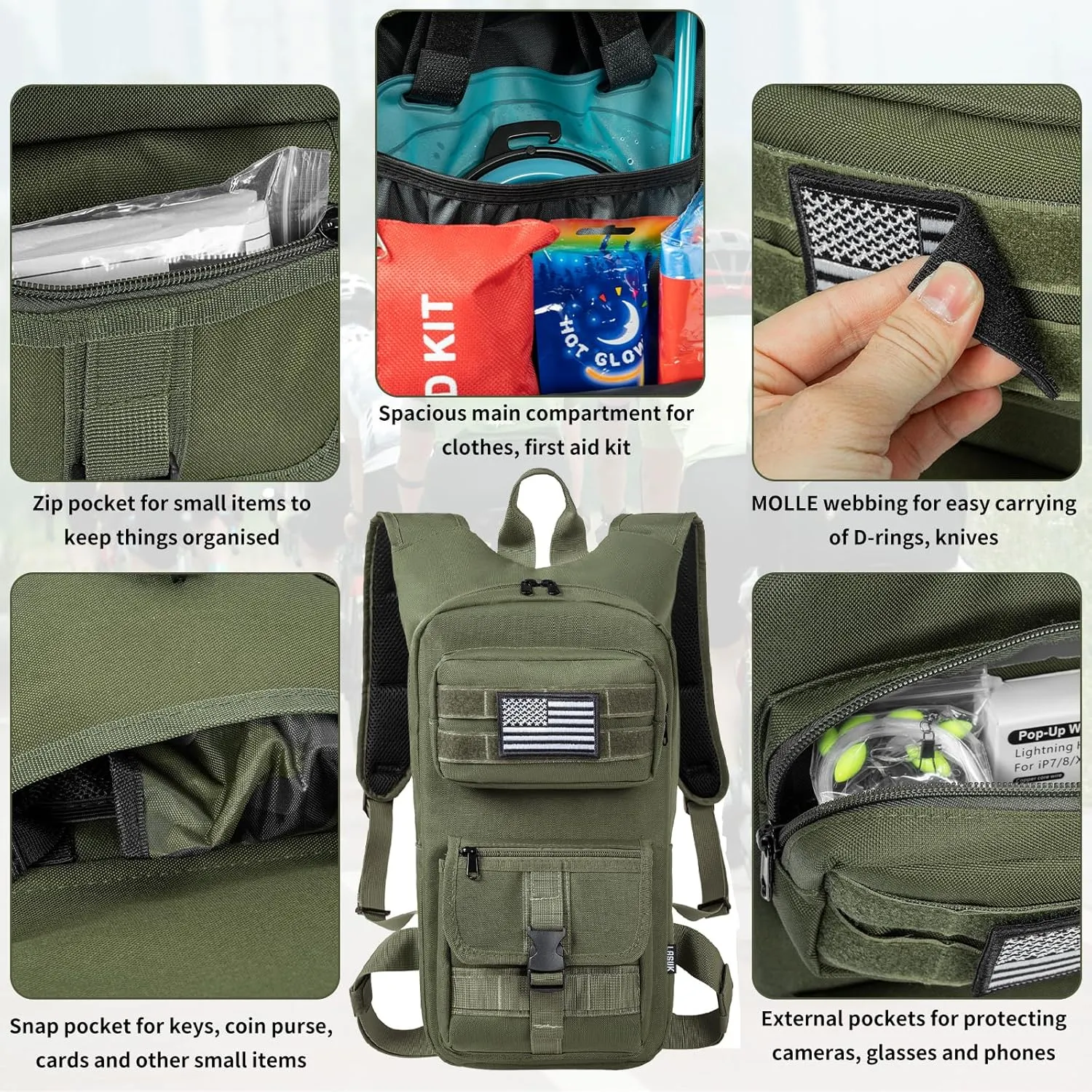 Hydration Backpack, Tactical Molle Water with 2L TPU Water Bladder, for Men Women Lightweight Water Backpack, Hydration Pack for Hiking, Biking, Climbing and Hunting