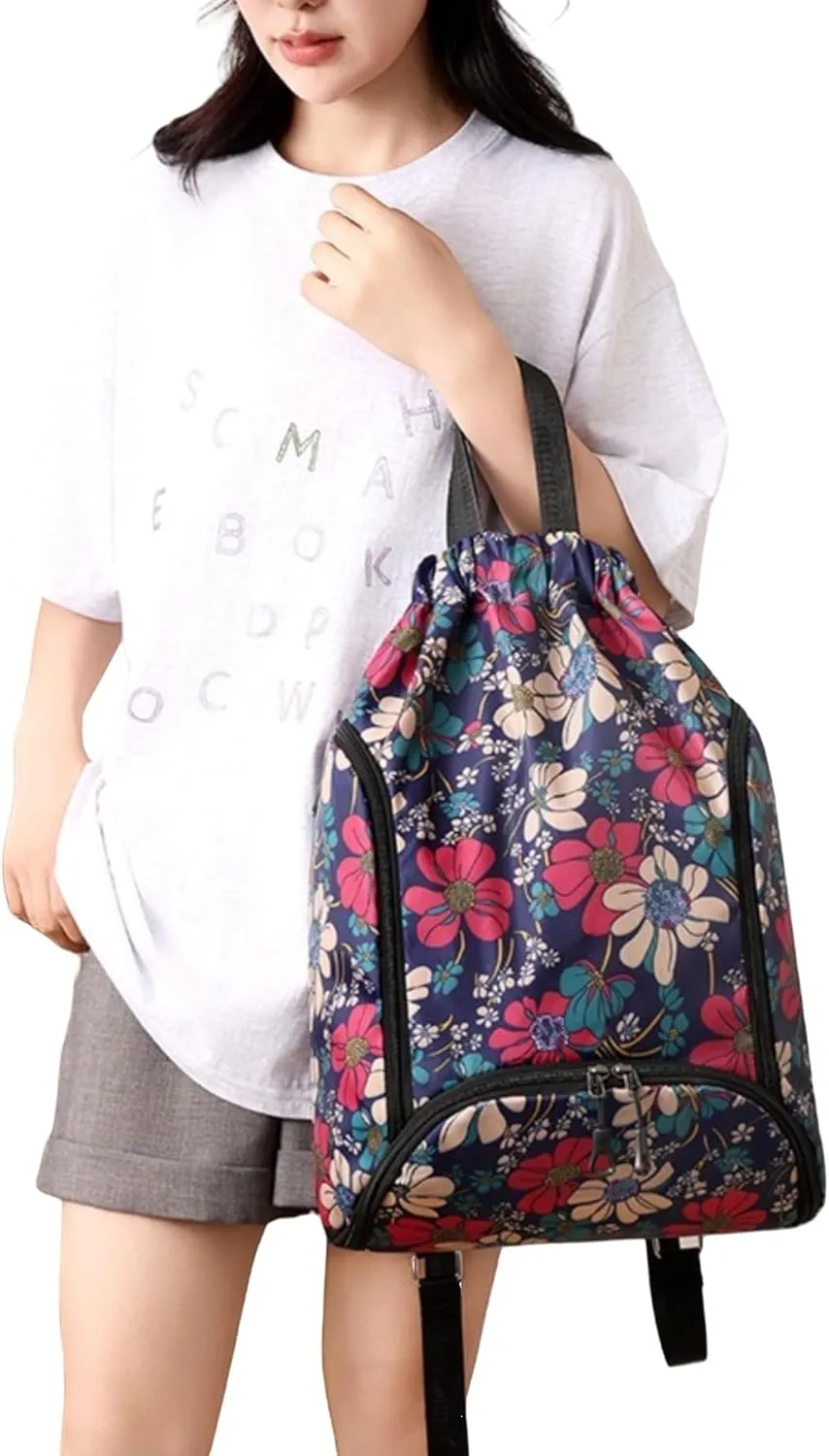 IAMUHI Nylon Drawstring Backpack Sports Gym Travel Bag for Women Men Large with Two Zipper Pockets Daypack Shoulder Bag Purse,Blue Flowers