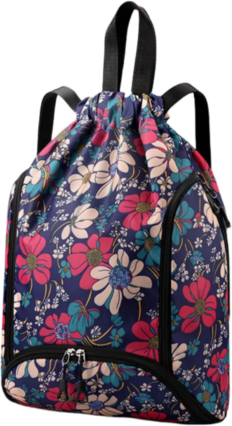IAMUHI Nylon Drawstring Backpack Sports Gym Travel Bag for Women Men Large with Two Zipper Pockets Daypack Shoulder Bag Purse,Blue Flowers