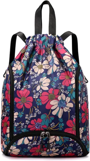 IAMUHI Nylon Drawstring Backpack Sports Gym Travel Bag for Women Men Large with Two Zipper Pockets Daypack Shoulder Bag Purse,Blue Flowers