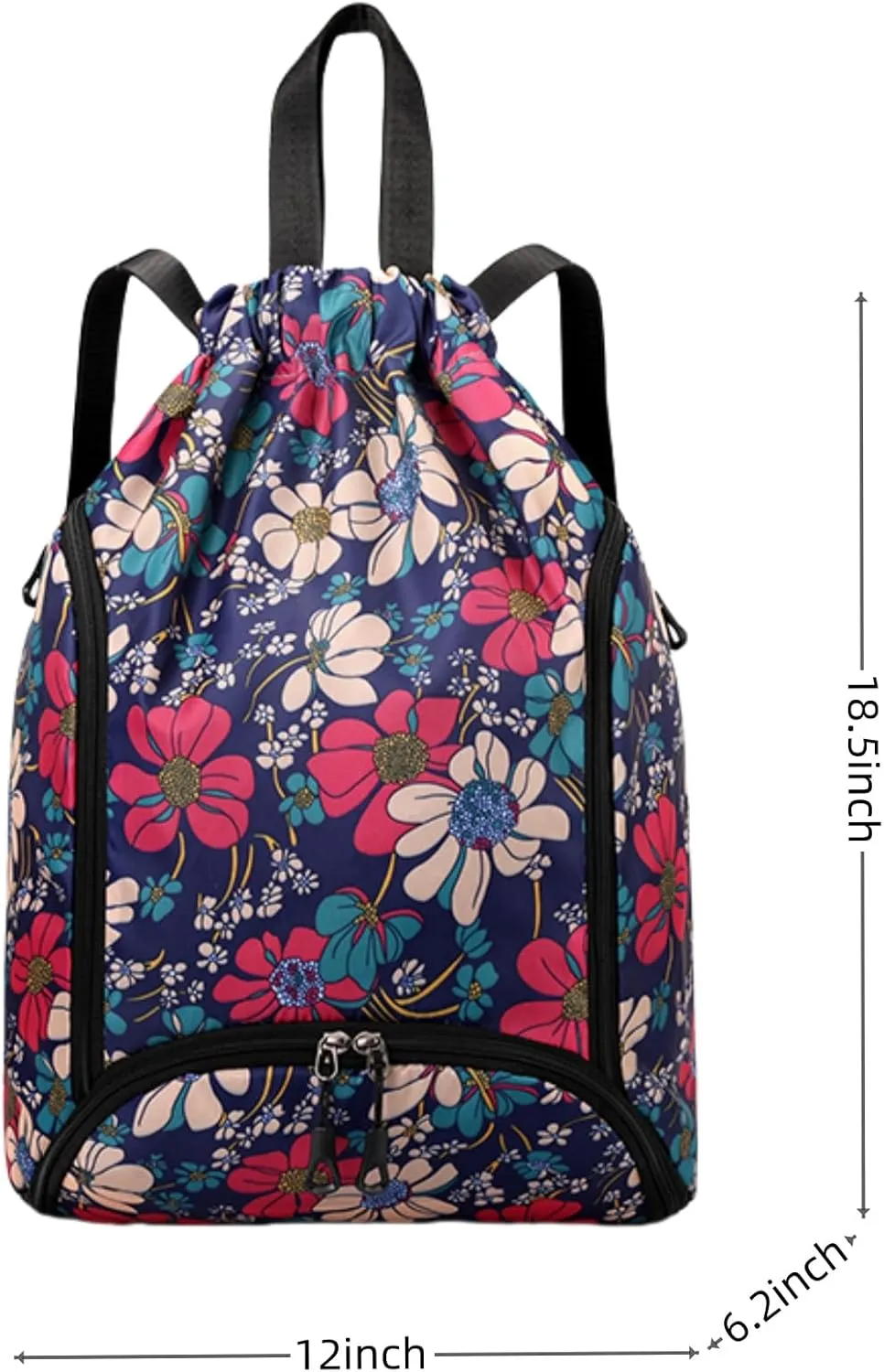 IAMUHI Nylon Drawstring Backpack Sports Gym Travel Bag for Women Men Large with Two Zipper Pockets Daypack Shoulder Bag Purse,Blue Flowers