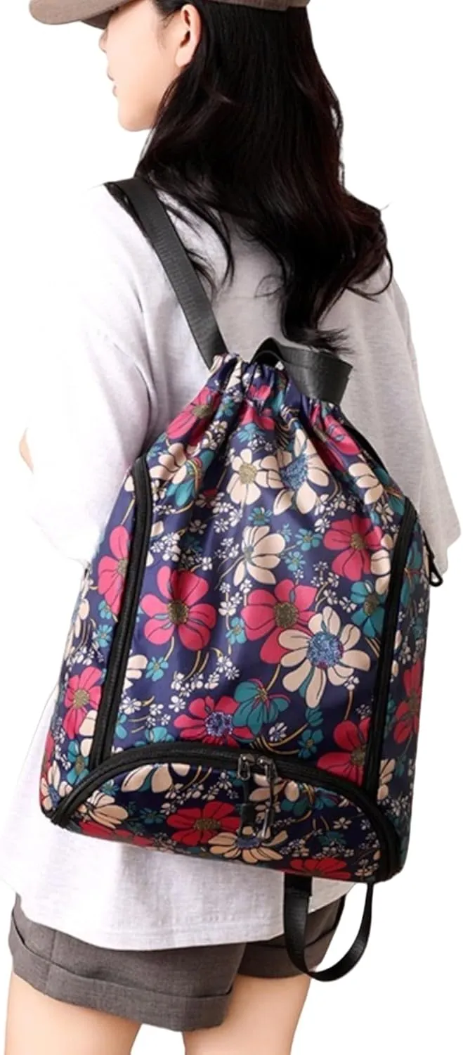 IAMUHI Nylon Drawstring Backpack Sports Gym Travel Bag for Women Men Large with Two Zipper Pockets Daypack Shoulder Bag Purse,Blue Flowers