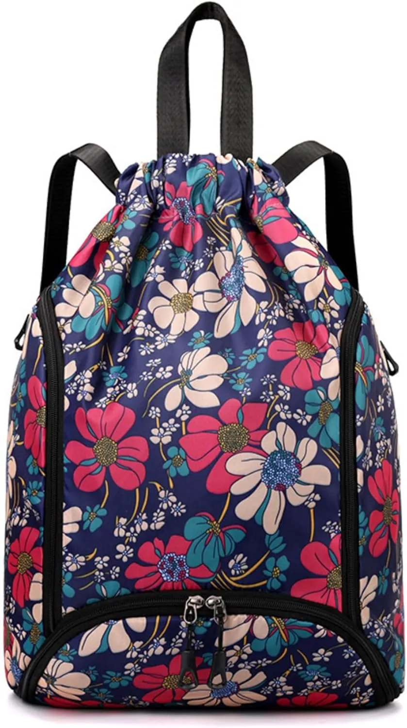IAMUHI Nylon Drawstring Backpack Sports Gym Travel Bag for Women Men Large with Two Zipper Pockets Daypack Shoulder Bag Purse,Blue Flowers