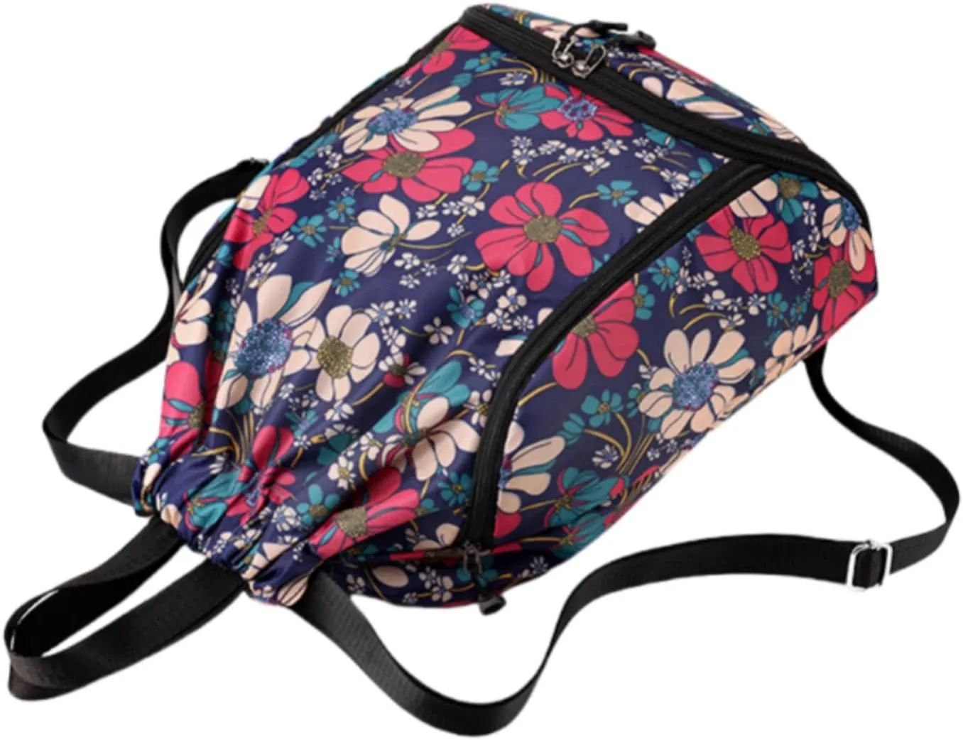 IAMUHI Nylon Drawstring Backpack Sports Gym Travel Bag for Women Men Large with Two Zipper Pockets Daypack Shoulder Bag Purse,Blue Flowers