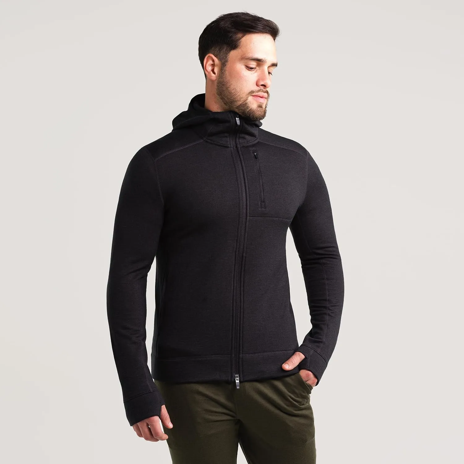 IBEX Merino Wool Mammoth Full Zip Hoodie for Men | Heavyweight Nuyarn Fleece Jacket with Helmet-Compatible Scuba Hood