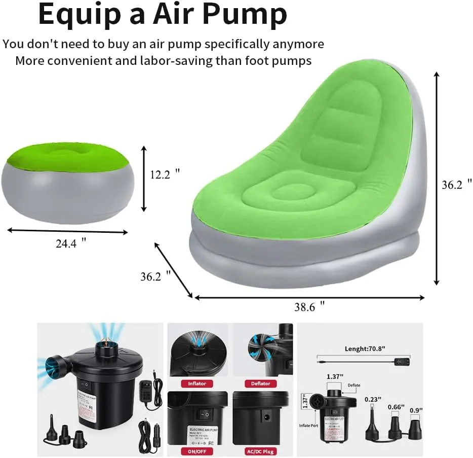 Inflatable Deck Chairs with Air Pump, Inflatable Patio Lounge Chairs for Indoor Living Room Bedroom, Outdoor Travel Camping Picnic Beach Chaise Lounges (Green)