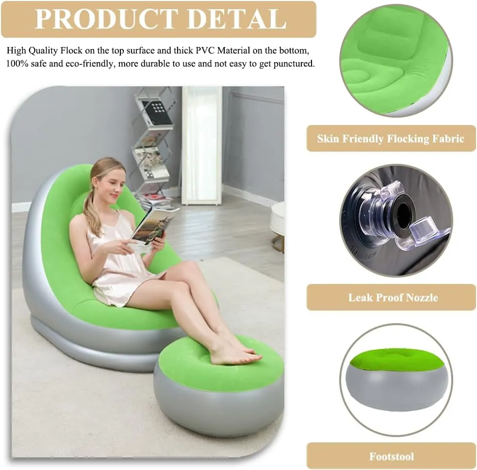 Inflatable Deck Chairs with Air Pump, Inflatable Patio Lounge Chairs for Indoor Living Room Bedroom, Outdoor Travel Camping Picnic Beach Chaise Lounges (Green)