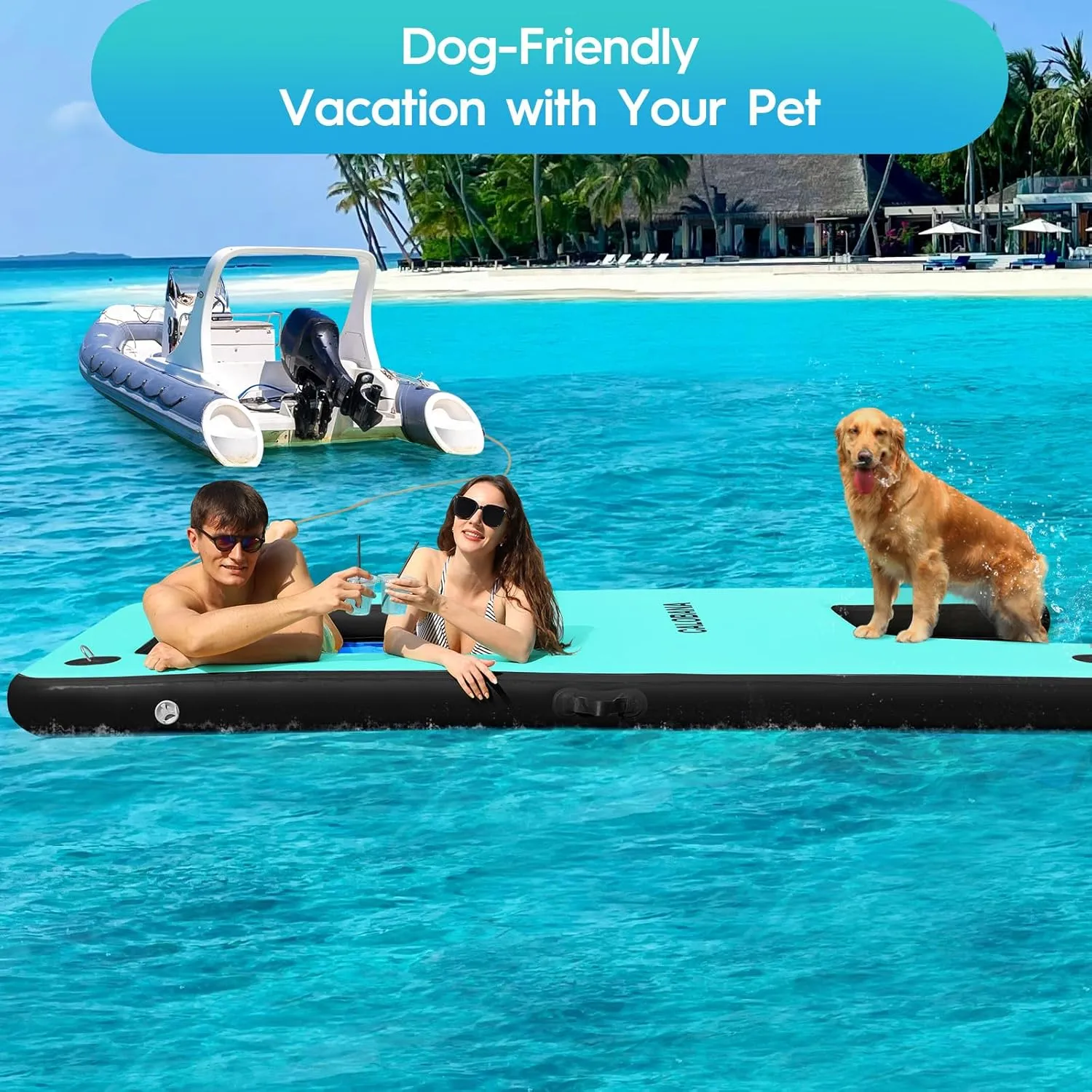 Inflatable Floating Dock with Mesh, Lake Floats with Boat Ramp Tanning Pool Lounger Water Hammock for Family Party Pool Sea River Dock Boat