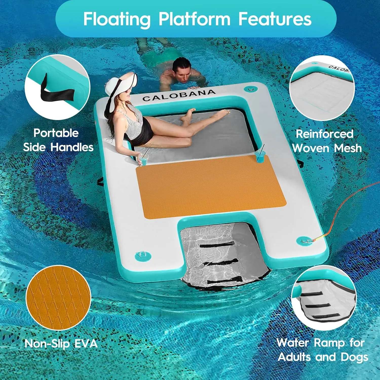 Inflatable Floating Dock with Mesh, Lake Floats with Boat Ramp Tanning Pool Lounger Water Hammock for Family Party Pool Sea River Dock Boat