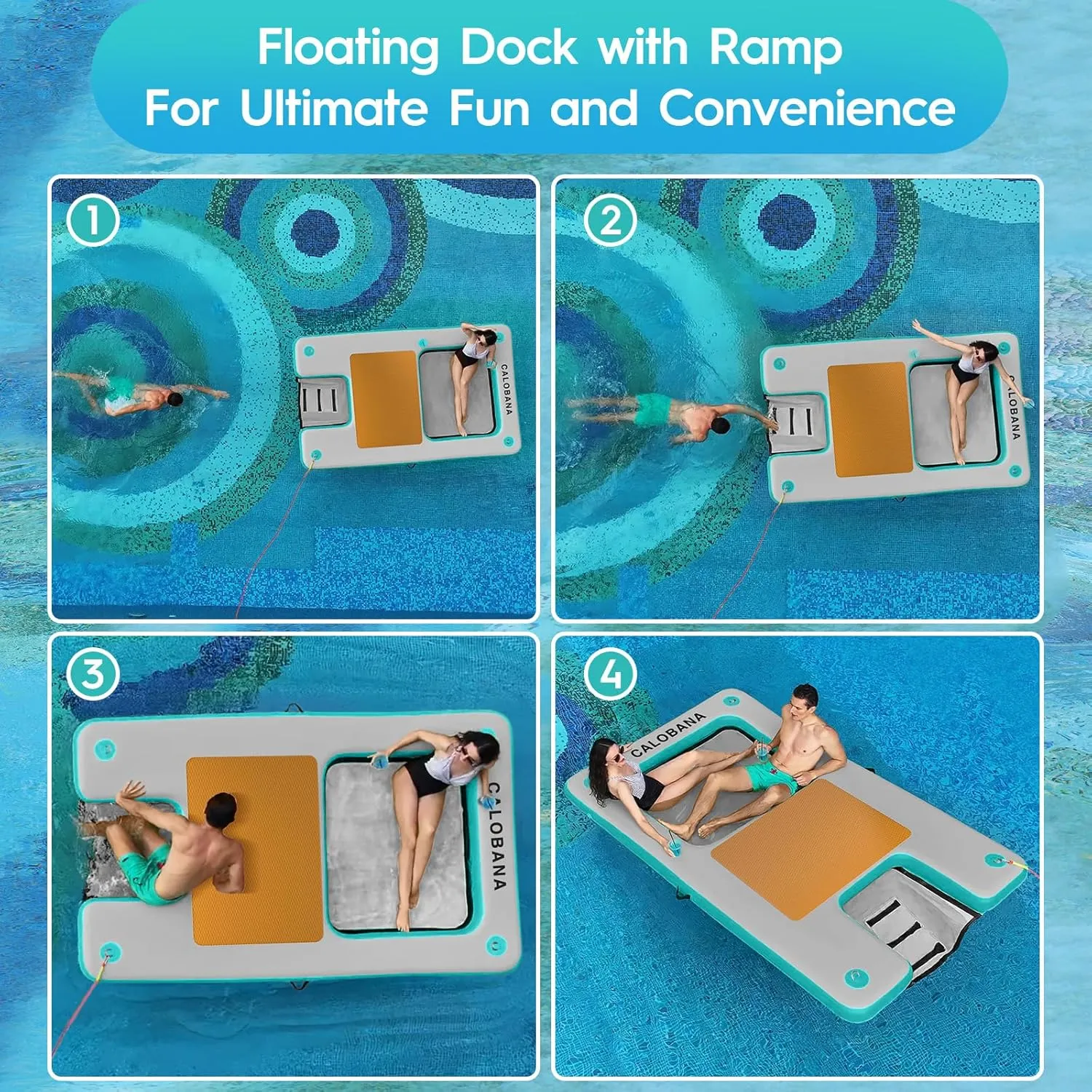 Inflatable Floating Dock with Mesh, Lake Floats with Boat Ramp Tanning Pool Lounger Water Hammock for Family Party Pool Sea River Dock Boat