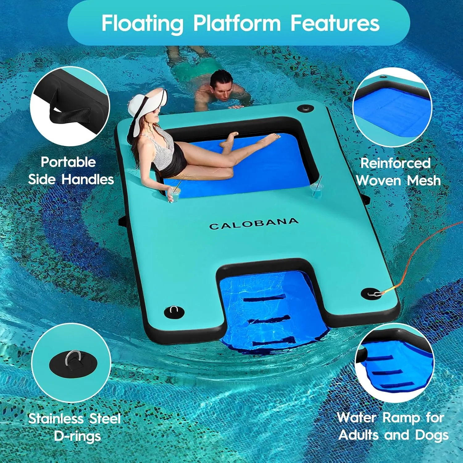Inflatable Floating Dock with Mesh, Lake Floats with Boat Ramp Tanning Pool Lounger Water Hammock for Family Party Pool Sea River Dock Boat