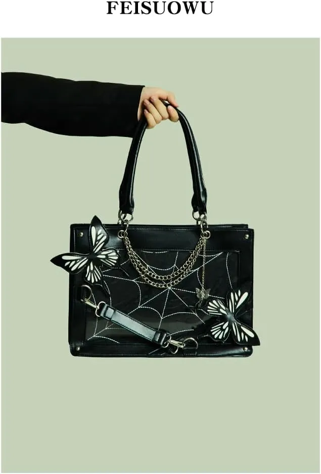 ITA Handbag Grunge Tote Bag Kawaii ITA Bag PU Leather Fairy Grunge Clear Window Cyber Grunge Large Capacity Women (black)