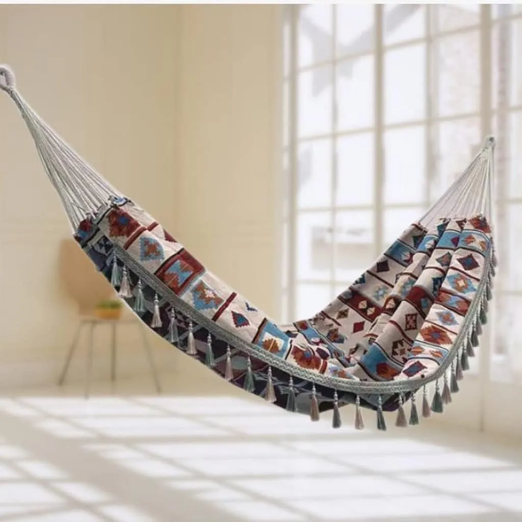 Jacquard Retro Geometric Canvas Hammock Double Outdoor Supplies Indoor Camping Tassel Swing (Color : B)