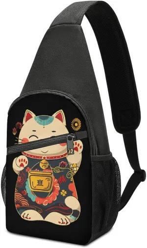 Japanese Lucky Cat Crossbody Bags for Women Men Sling Bag Casual Chest Bag Daypack for Travel Sport Hiking