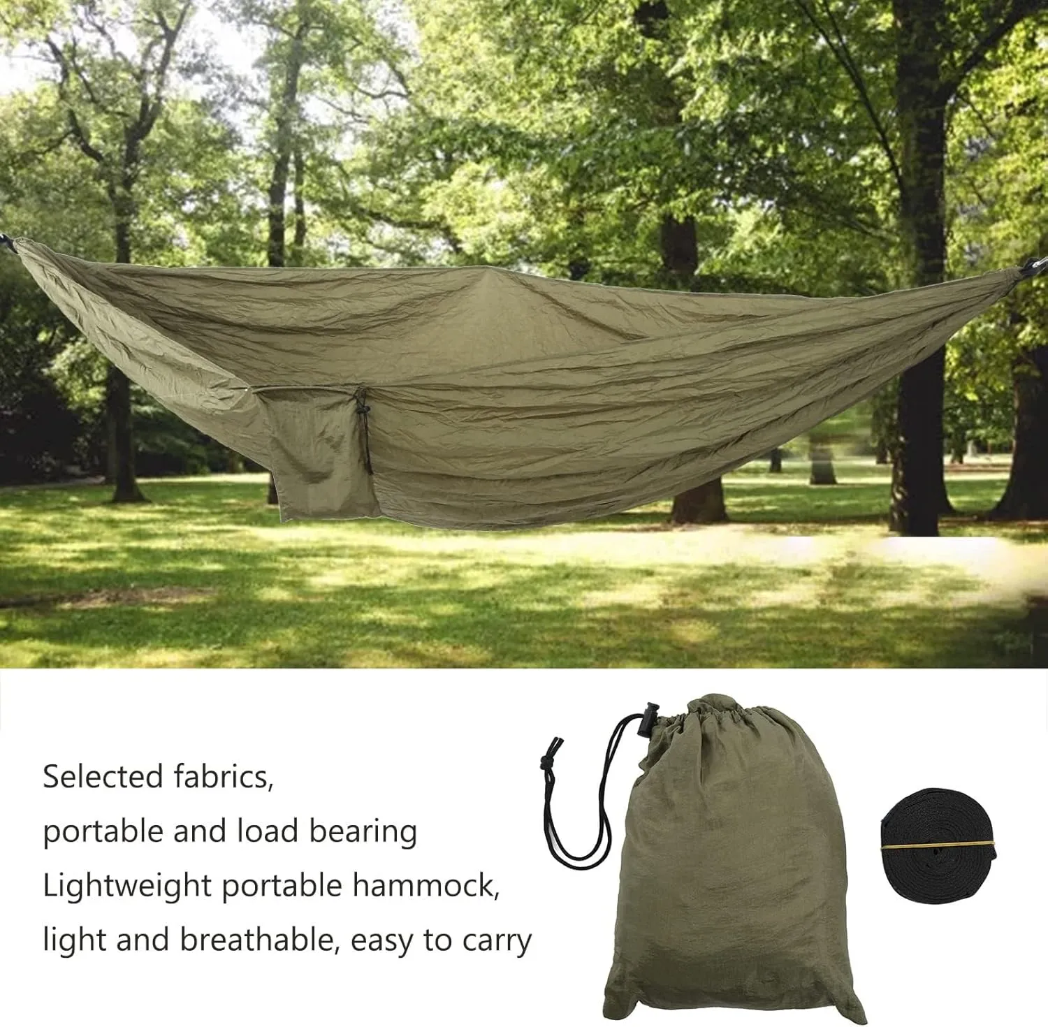 JEOZBM Camping Hammock, Double Portable Lightweight Swing, Quick Drying Nylon Hammock with Tree Straps for Outdoor Backpacking Backyard Hiking(270-army Green)