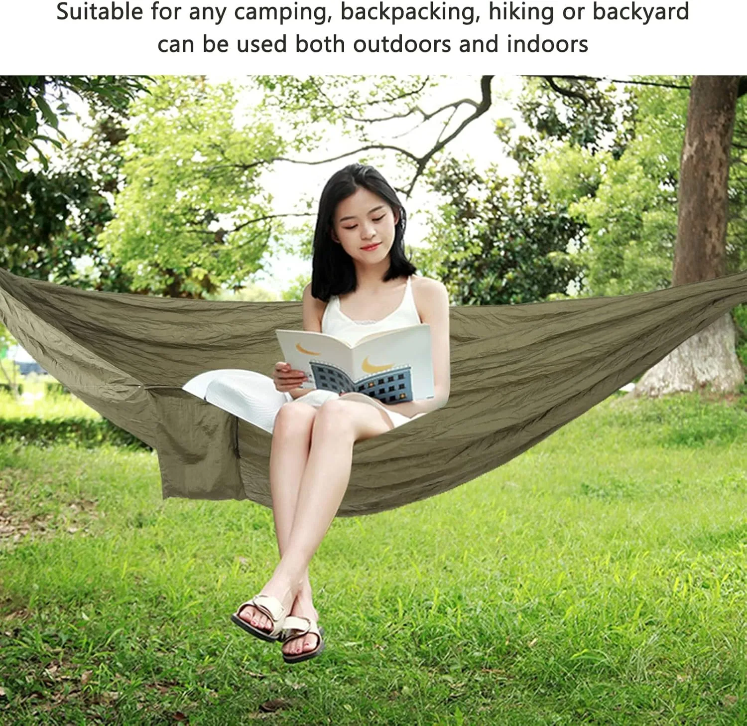 JEOZBM Camping Hammock, Double Portable Lightweight Swing, Quick Drying Nylon Hammock with Tree Straps for Outdoor Backpacking Backyard Hiking(270-army Green)