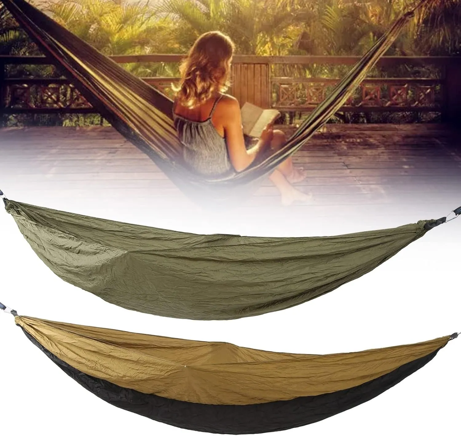 JEOZBM Camping Hammock, Double Portable Lightweight Swing, Quick Drying Nylon Hammock with Tree Straps for Outdoor Backpacking Backyard Hiking(270-army Green)