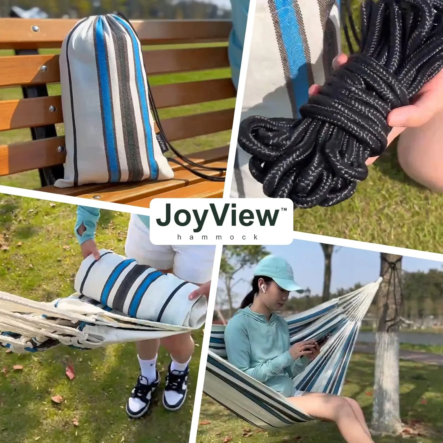 JoyView Brazilian Double Hammock with Hanging Ropes Extra Large 86.6x59” Portable Cotton Hammock for Patio Backyard Porch 450LBS Weight Capacity Perfect for Outdoor/Indoor - Green/Black Stripe