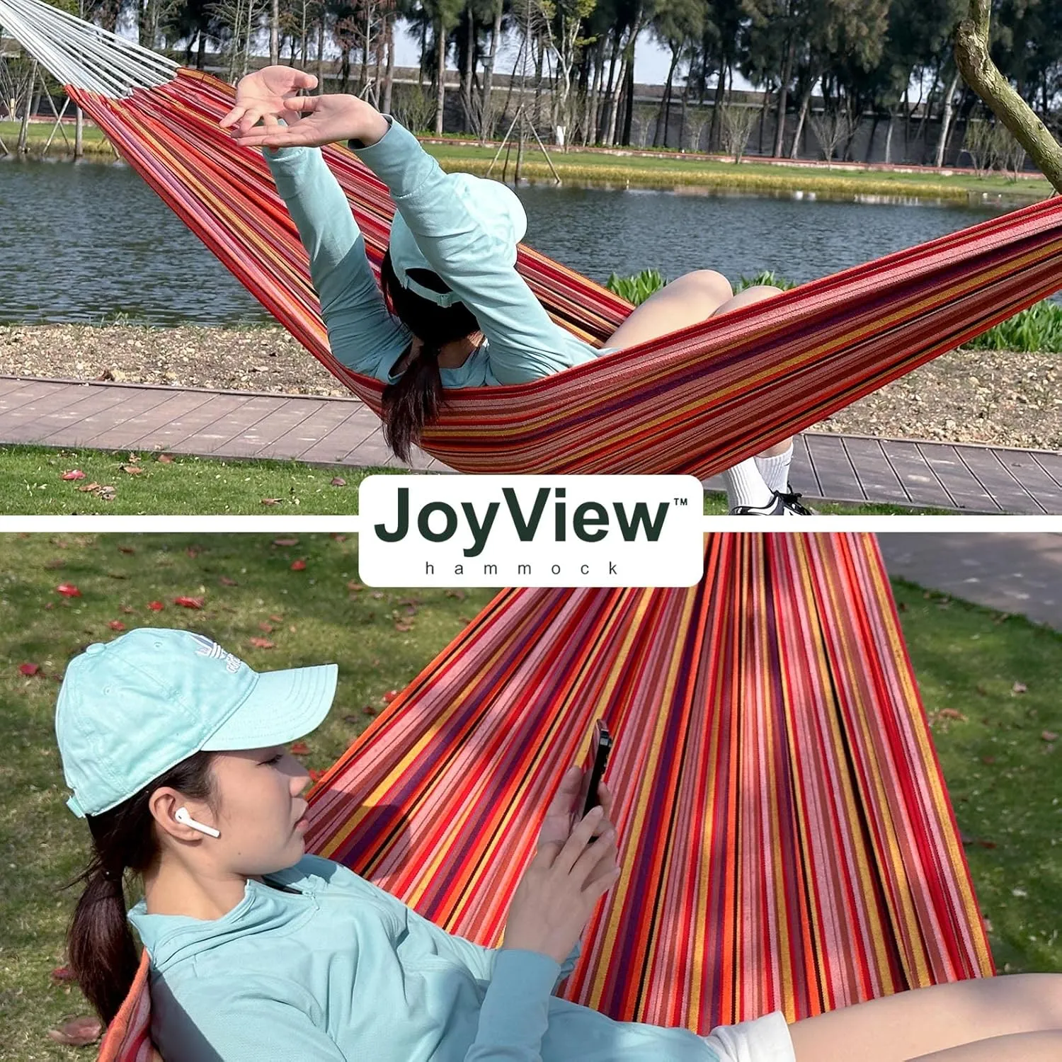 JoyView Brazilian Double Hammock with Hanging Ropes Extra Large 86.6x59” Portable Cotton Hammock for Patio Backyard Porch 450LBS Weight Capacity Perfect for Outdoor/Indoor - Green/Black Stripe
