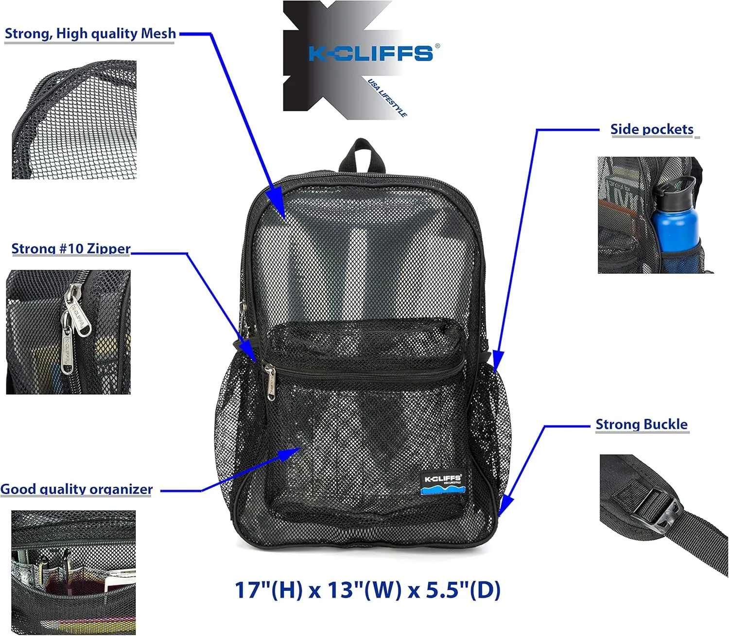 K-Cliffs Heavy Duty Mesh Backpack Quality Classic Student Net Bookbag Durable See Through Simple Netting Daypack Basic School Bag Black