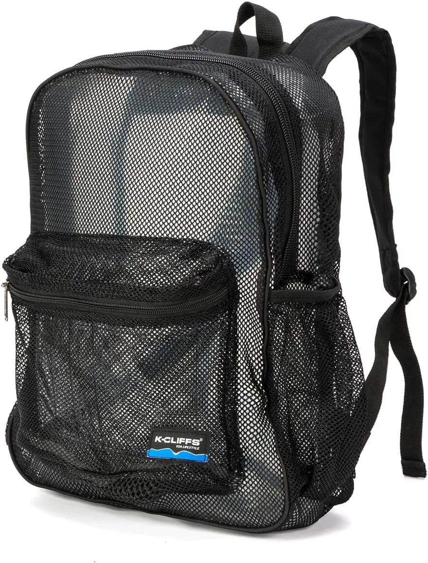 K-Cliffs Heavy Duty Mesh Backpack Quality Classic Student Net Bookbag Durable See Through Simple Netting Daypack Basic School Bag Black