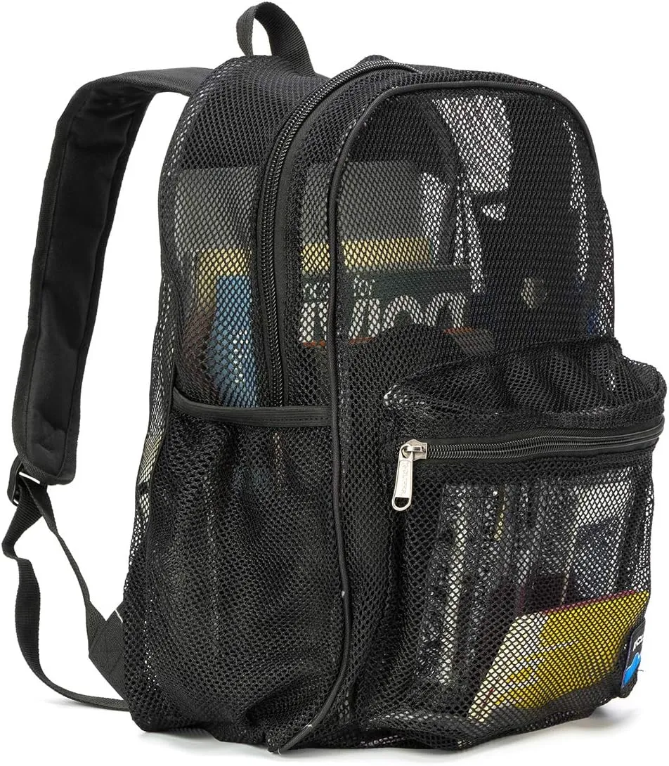 K-Cliffs Heavy Duty Mesh Backpack Quality Classic Student Net Bookbag Durable See Through Simple Netting Daypack Basic School Bag Black