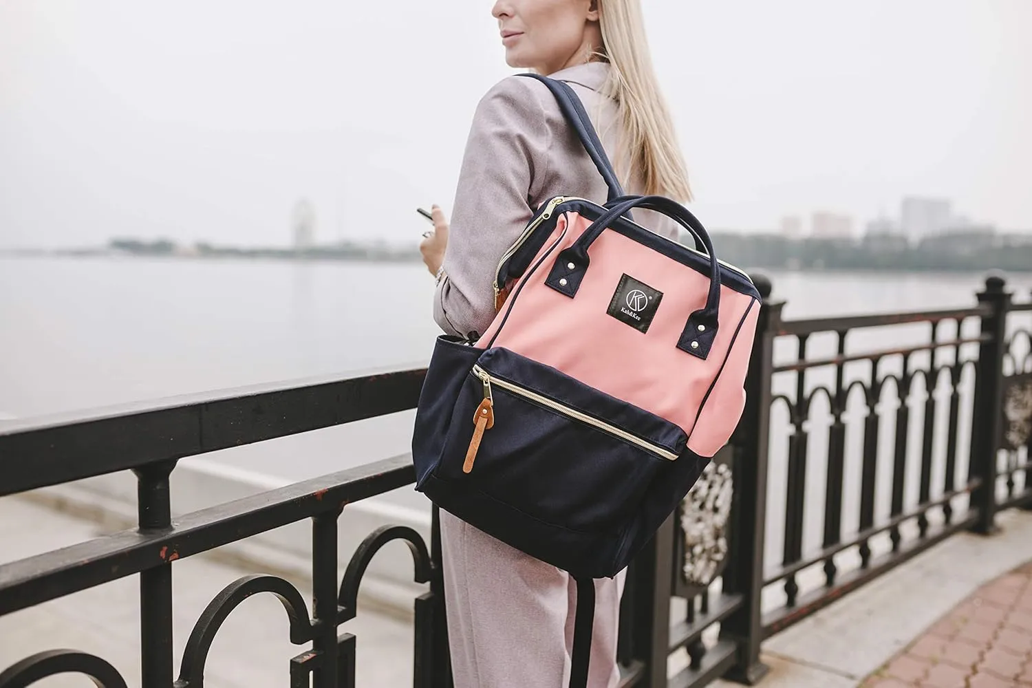 Kah&Kee Polyester Travel Backpack Functional Anti-theft School Laptop for Women Men (Pink* Navy, Medium)