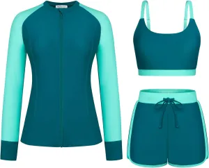 Kate Kasin Women's 3 Piece Rash Guard Long Sleeve Swim Shirts UPF 50  Swimsuit Zipper Color Block Bathing Suits with Boyshort