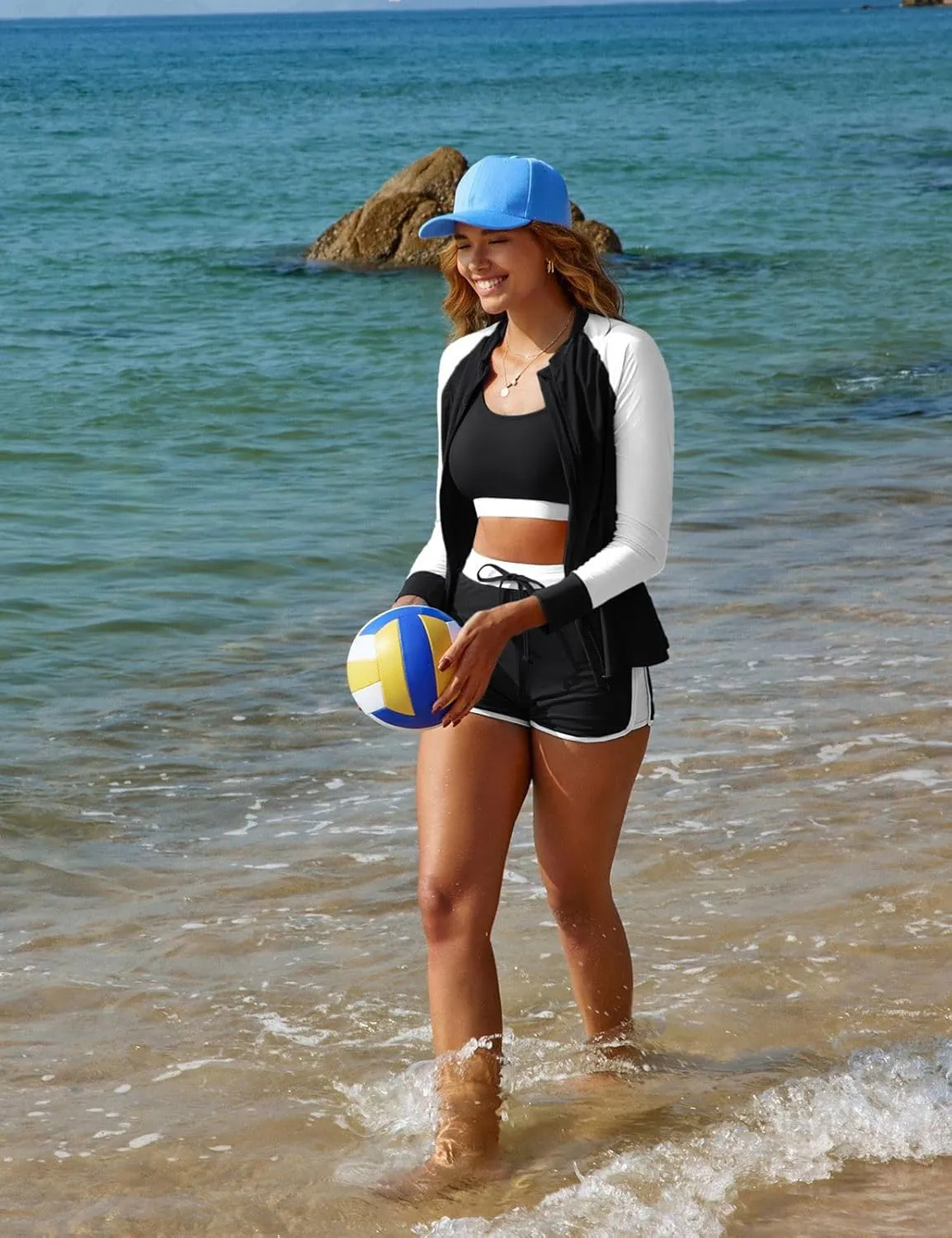 Kate Kasin Women's 3 Piece Rash Guard Long Sleeve Swim Shirts UPF 50  Swimsuit Zipper Color Block Bathing Suits with Boyshort