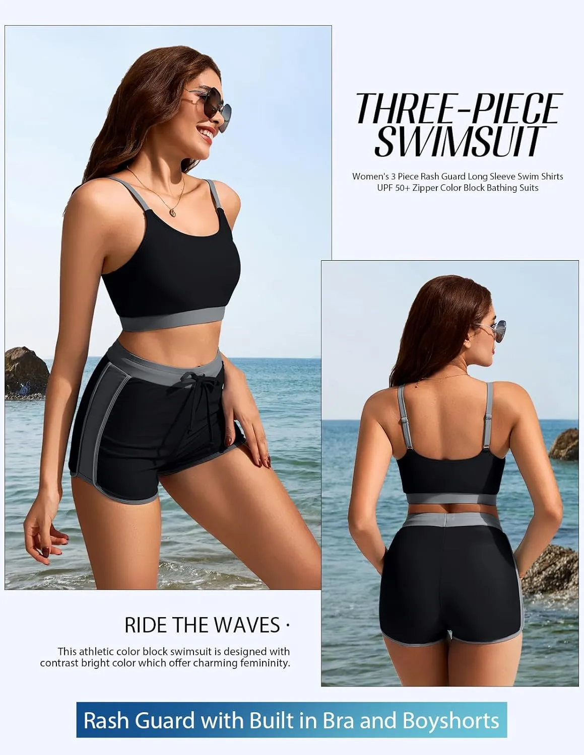 Kate Kasin Women's 3 Piece Rash Guard Long Sleeve Swim Shirts UPF 50  Swimsuit Zipper Color Block Bathing Suits with Boyshort