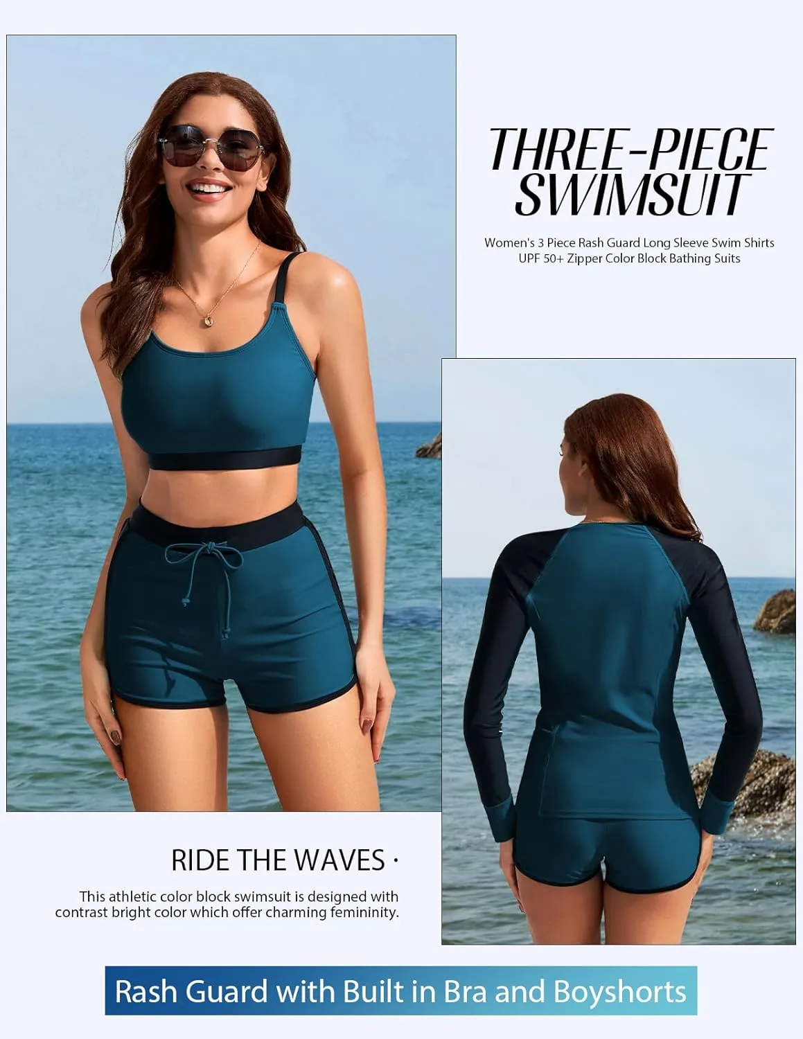 Kate Kasin Women's 3 Piece Rash Guard Long Sleeve Swim Shirts UPF 50  Swimsuit Zipper Color Block Bathing Suits with Boyshort