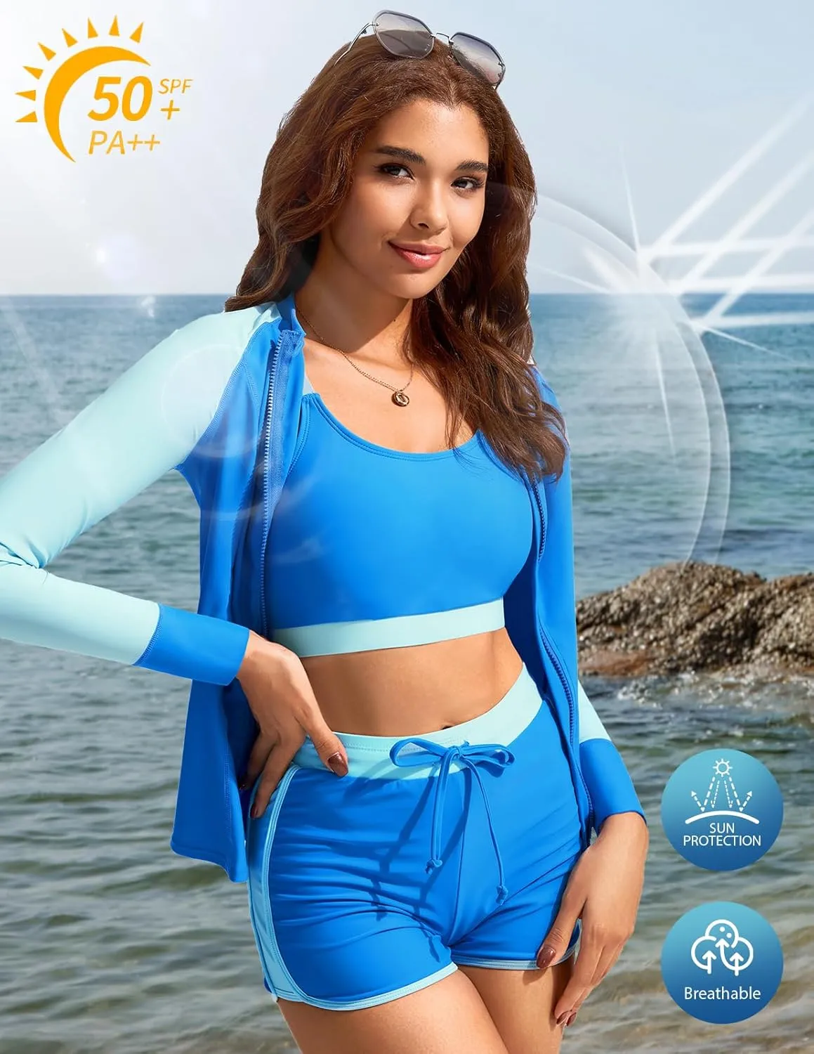 Kate Kasin Women's 3 Piece Rash Guard Long Sleeve Swim Shirts UPF 50  Swimsuit Zipper Color Block Bathing Suits with Boyshort